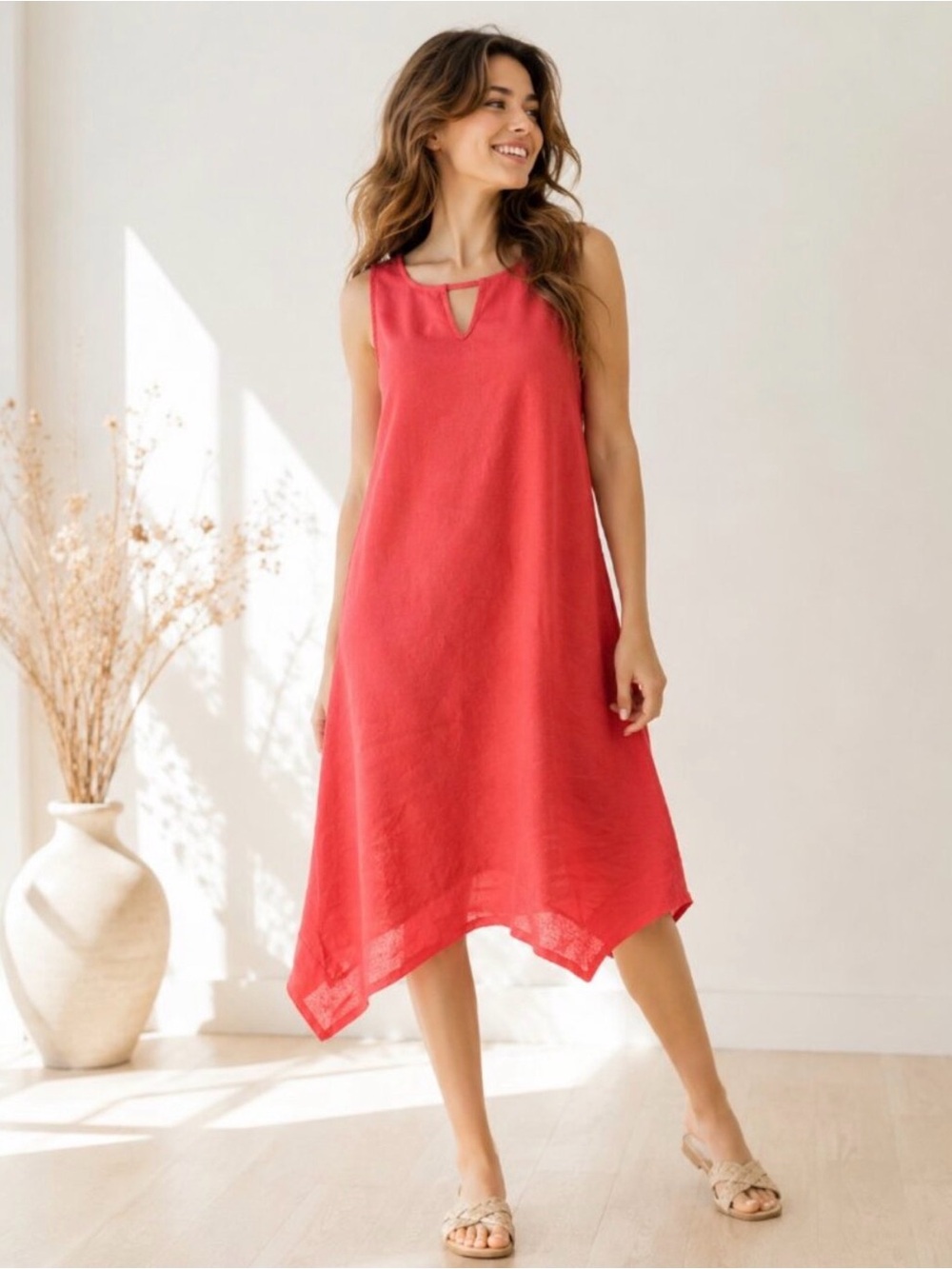 For Cynthia pink Sleeveless Shift Dress with Handkerchief Hem